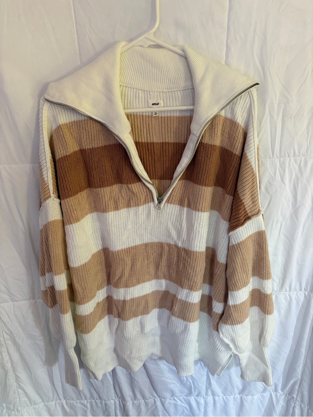 aerie Striped Half-Zip Pullover in Cream and Brown